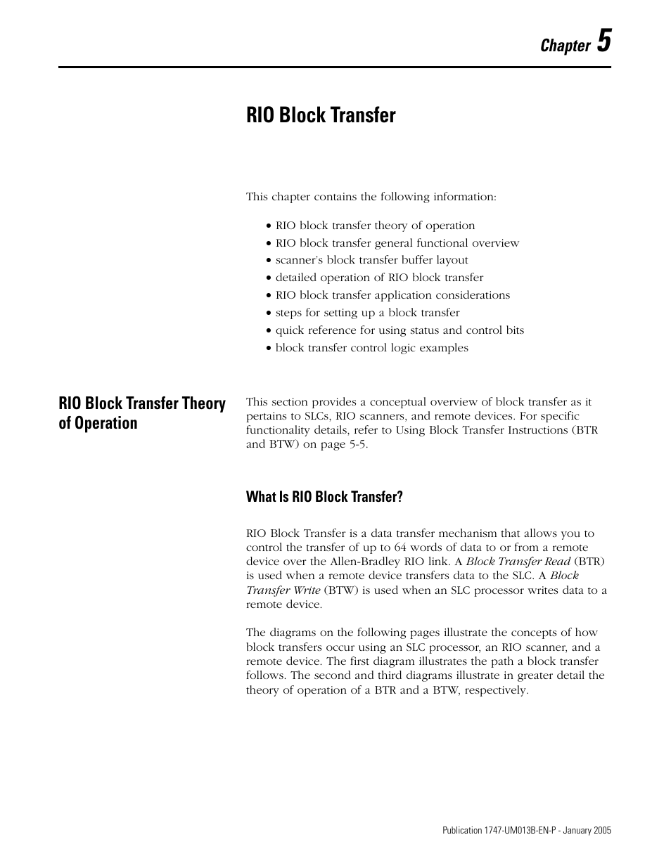 Rio block transfer, Rio block transfer theory of operation, Chapter 5 | Rio block transfer theory of operation -1, What is rio block transfer? -1 | Rockwell Automation 1747-SN Remote I/O Scanner User Manual | Page 79 / 171