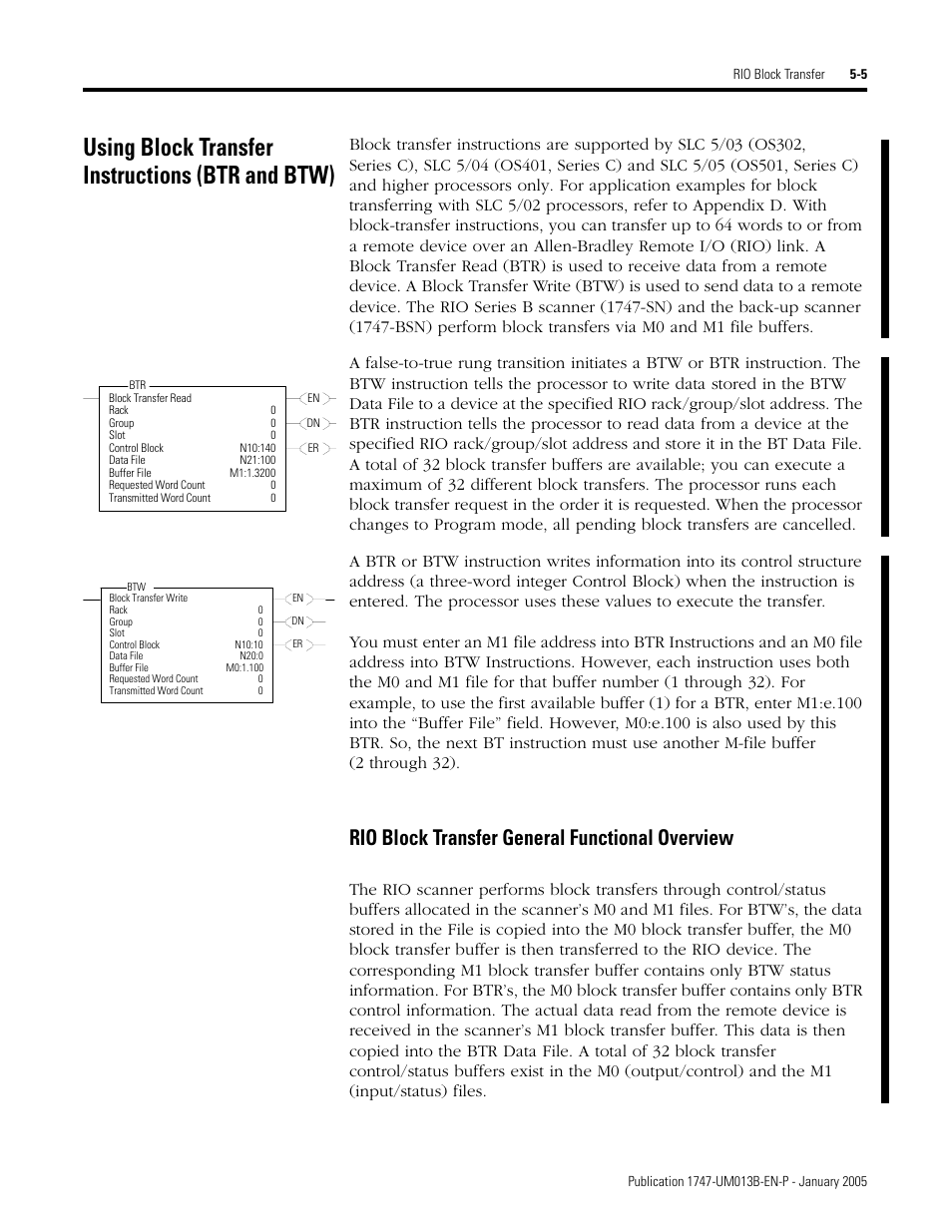 Using block transfer instructions (btr and btw), Using block transfer instructions (btr and btw) -5, Rio block transfer general functional overview -5 | Rio block transfer general functional overview | Rockwell Automation 1747-SN Remote I/O Scanner User Manual | Page 83 / 171
