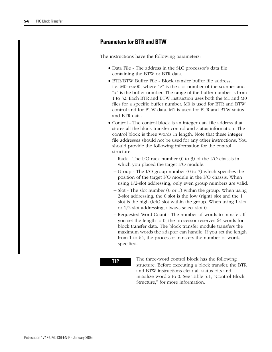 Parameters for btr and btw -6, Parameters for btr and btw | Rockwell Automation 1747-SN Remote I/O Scanner User Manual | Page 84 / 171