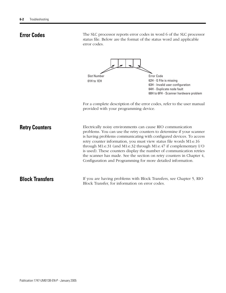 Error codes, Retry counters, Block transfers | Rockwell Automation 1747-SN Remote I/O Scanner User Manual | Page 96 / 171