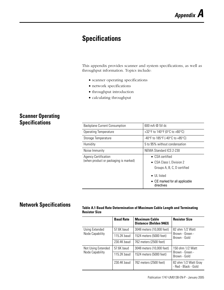 Specifications, Scanner operating specifications, Network specifications | Appendix a, Appendix | Rockwell Automation 1747-SN Remote I/O Scanner User Manual | Page 97 / 171