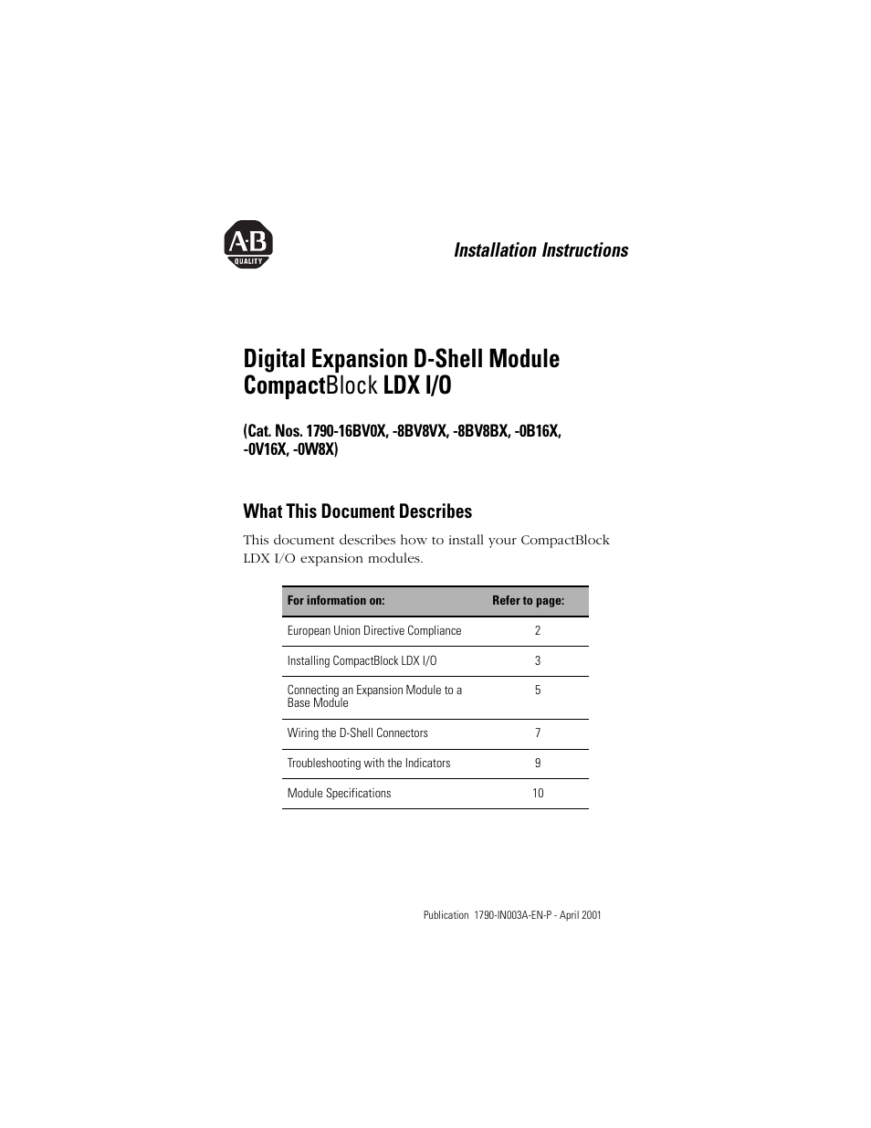 Rockwell Automation 1790-XXXX Digital Expansion D-Shell CompactBlock LDX I/O  User Manual | 16 pages