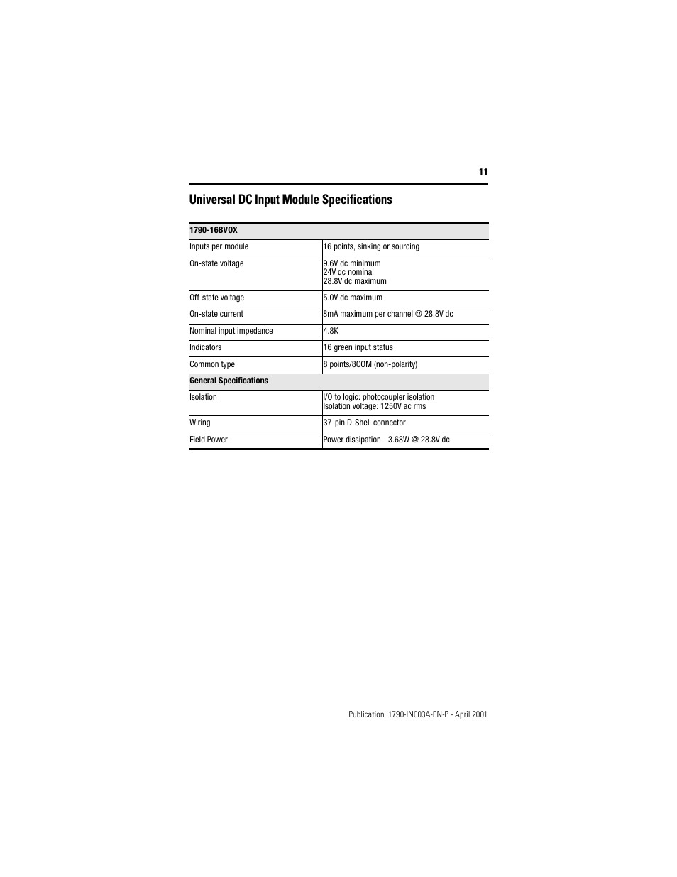 Universal dc input module specifications | Rockwell Automation 1790-XXXX Digital Expansion D-Shell CompactBlock LDX I/O  User Manual | Page 11 / 16