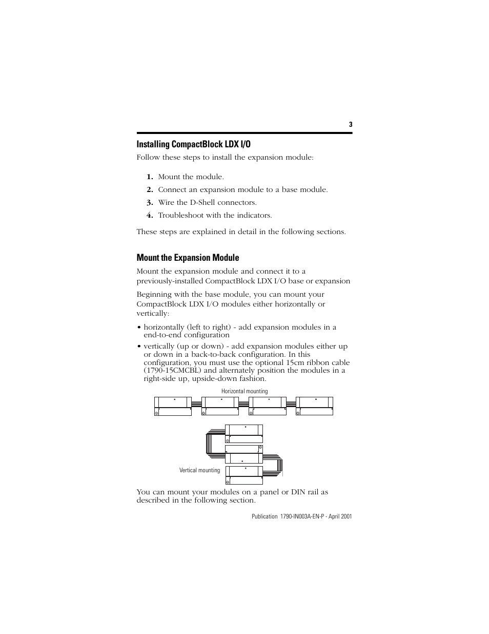 Installing compactblock ldx i/o, Mount the expansion module | Rockwell Automation 1790-XXXX Digital Expansion D-Shell CompactBlock LDX I/O  User Manual | Page 3 / 16