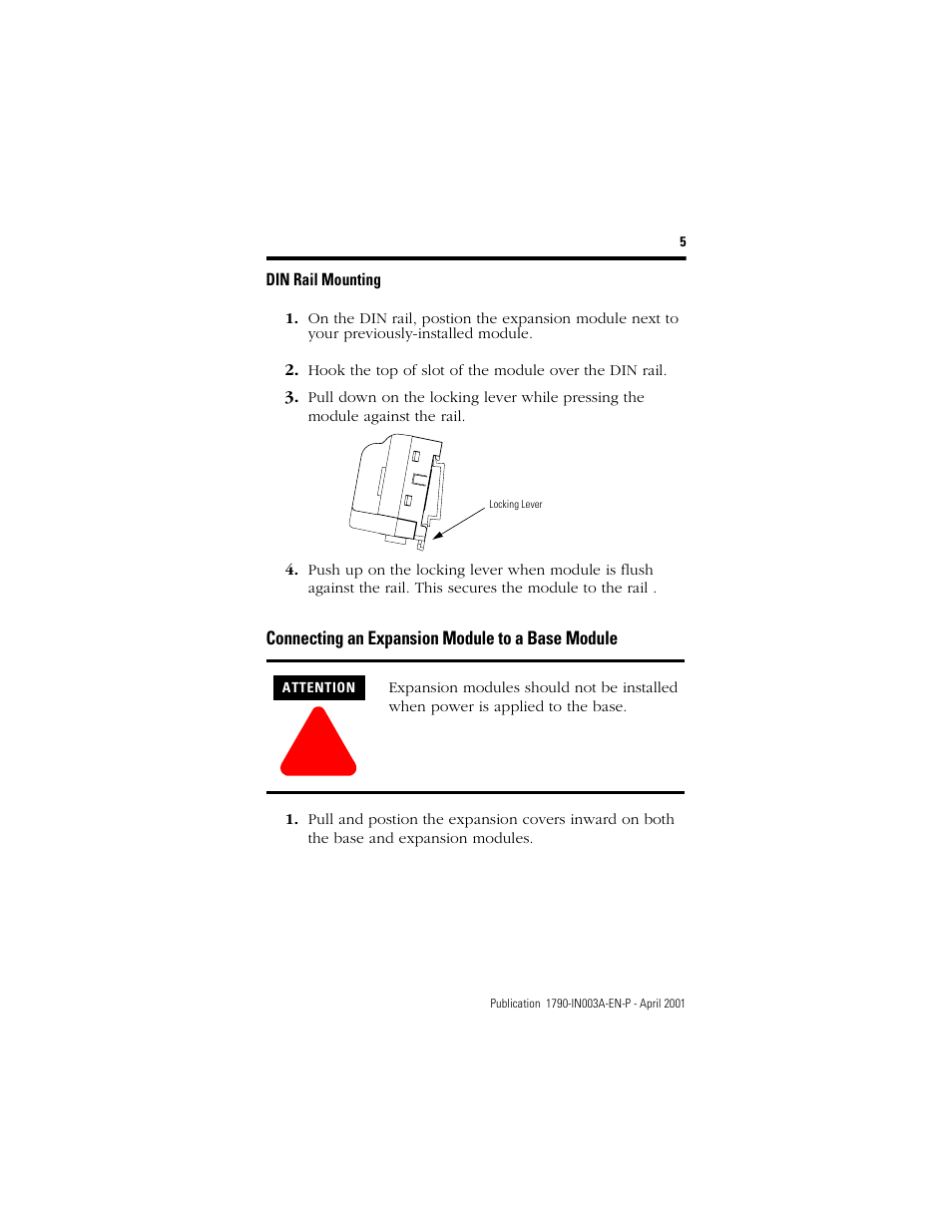 Din rail mounting, Connecting an expansion module to a base module | Rockwell Automation 1790-XXXX Digital Expansion D-Shell CompactBlock LDX I/O  User Manual | Page 5 / 16