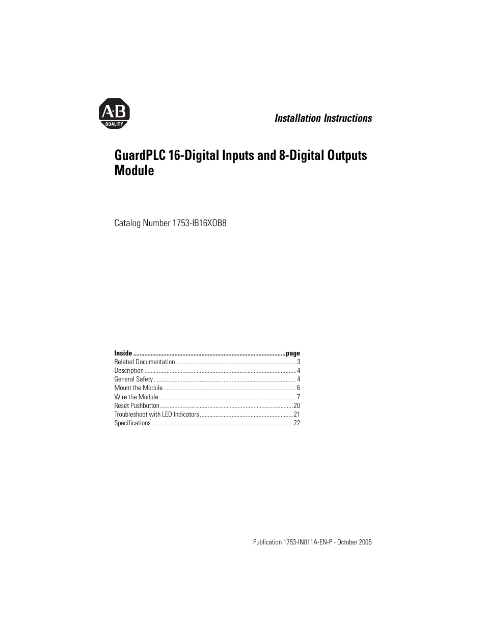 Rockwell Automation 1753-IB16XOB8 GuardPLC 16-Digital Inputs and 8-Digital Outputs Installation Instructions User Manual | 24 pages