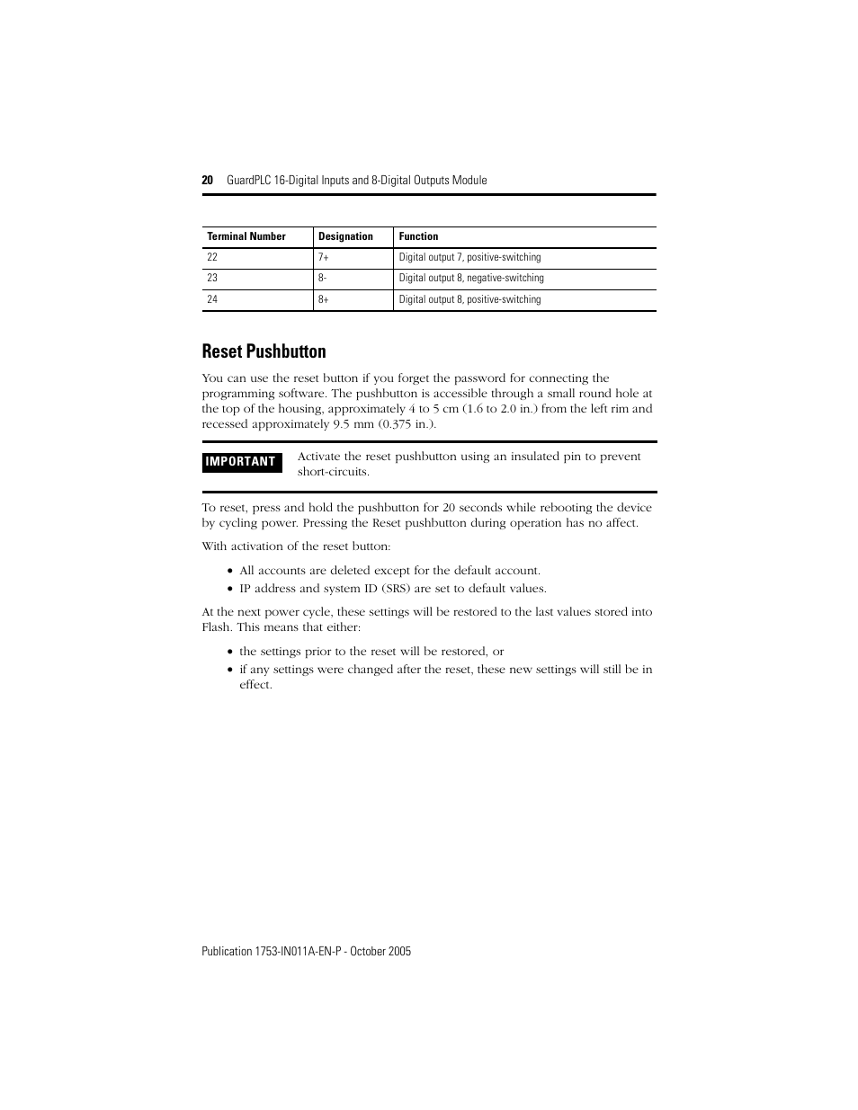 Reset pushbutton | Rockwell Automation 1753-IB16XOB8 GuardPLC 16-Digital Inputs and 8-Digital Outputs Installation Instructions User Manual | Page 20 / 24