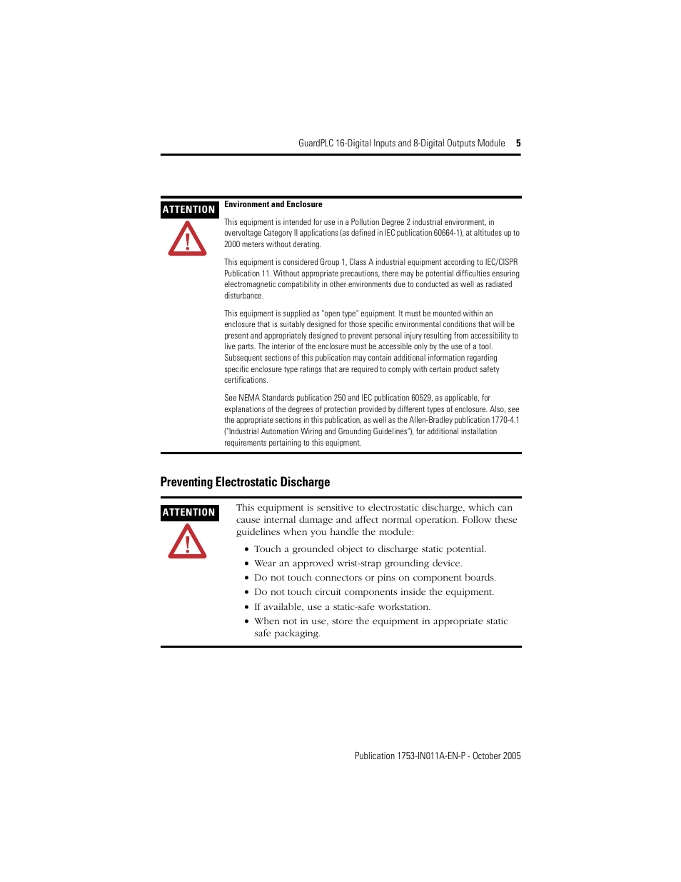 Preventing electrostatic discharge | Rockwell Automation 1753-IB16XOB8 GuardPLC 16-Digital Inputs and 8-Digital Outputs Installation Instructions User Manual | Page 5 / 24