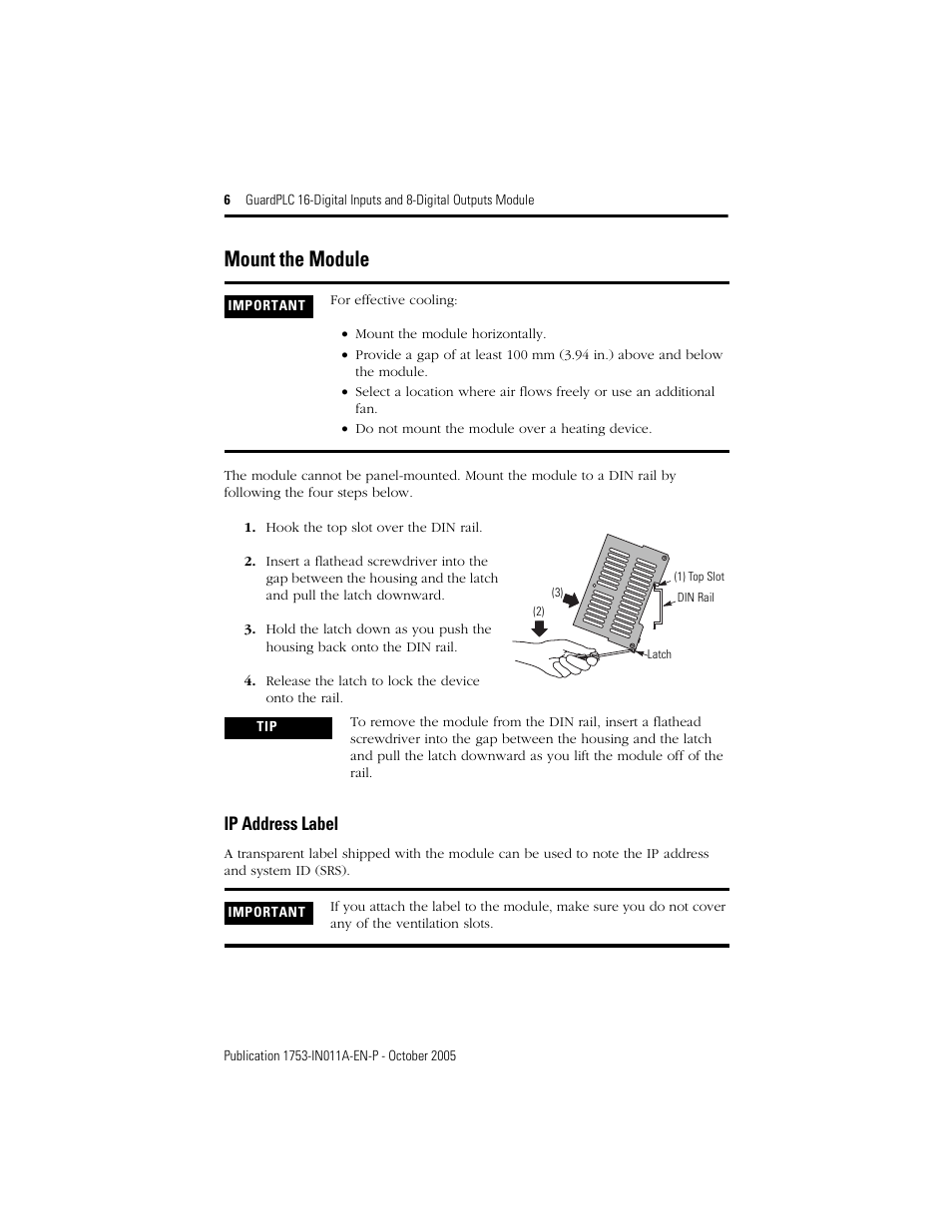 Mount the module, Ip address label | Rockwell Automation 1753-IB16XOB8 GuardPLC 16-Digital Inputs and 8-Digital Outputs Installation Instructions User Manual | Page 6 / 24