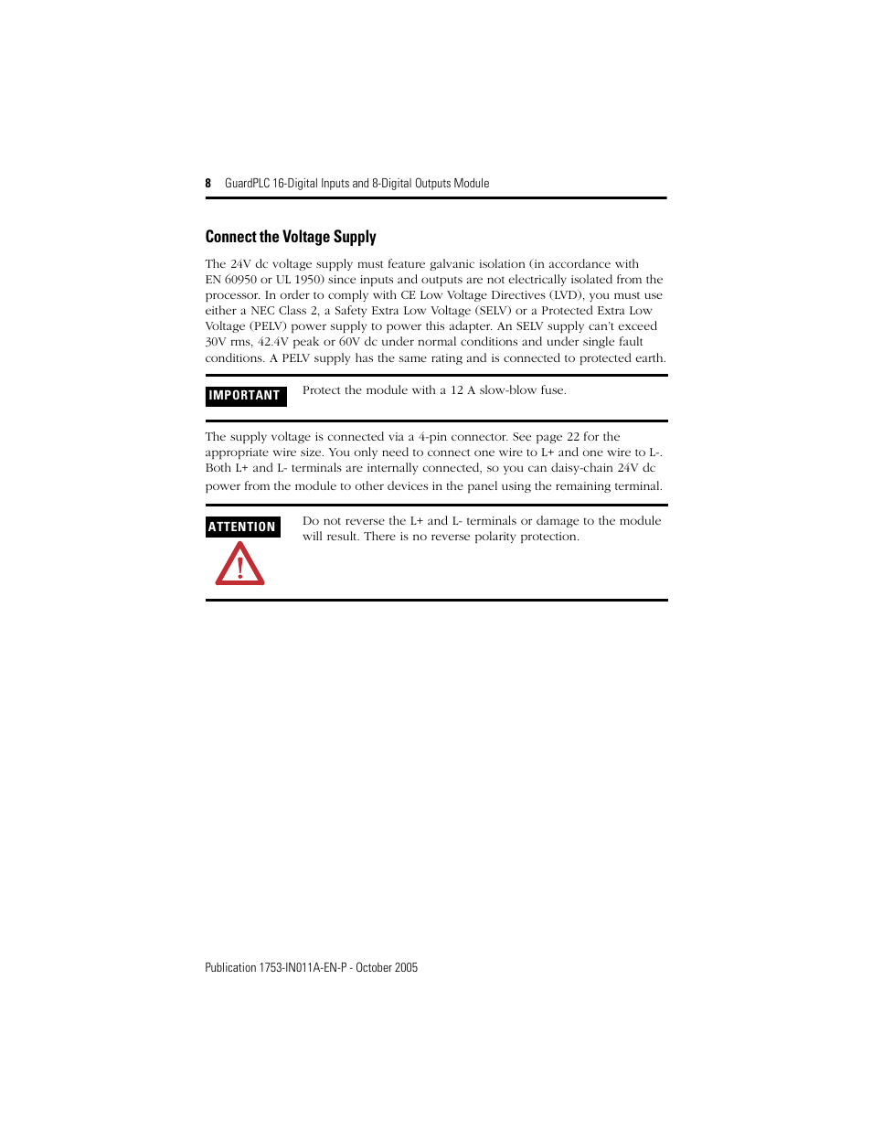 Connect the voltage supply | Rockwell Automation 1753-IB16XOB8 GuardPLC 16-Digital Inputs and 8-Digital Outputs Installation Instructions User Manual | Page 8 / 24