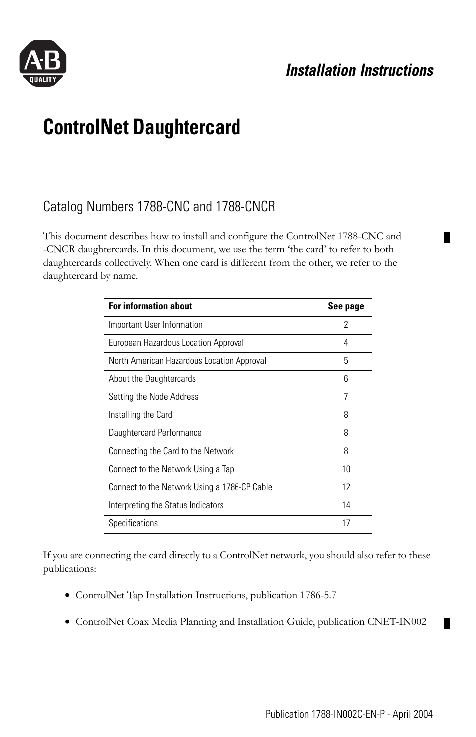 Rockwell Automation 1788-CNCR ControlNet Daughtercard Installation Instructions User Manual | 20 pages