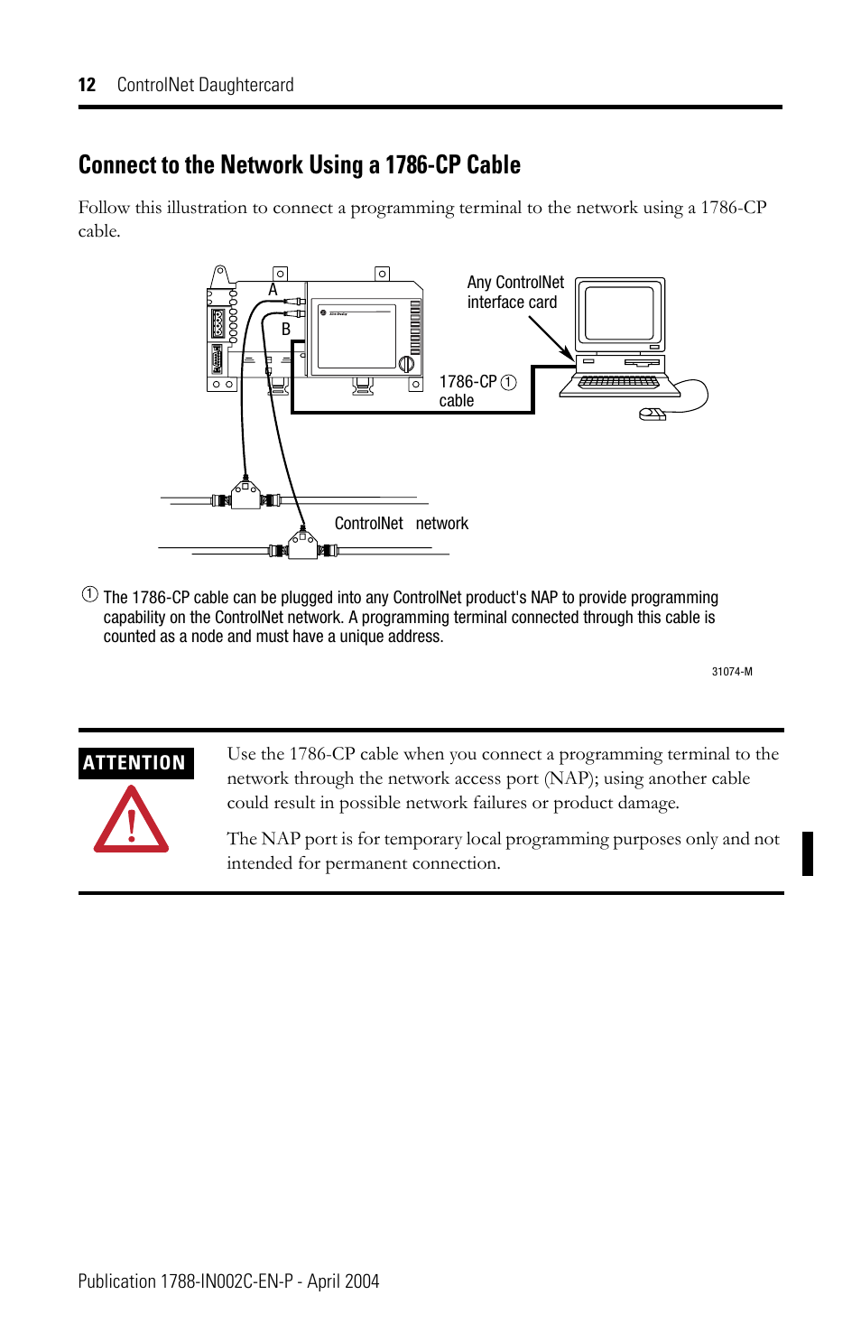 Connect to the network using a 1786-cp cable | Rockwell Automation 1788-CNCR ControlNet Daughtercard Installation Instructions User Manual | Page 12 / 20