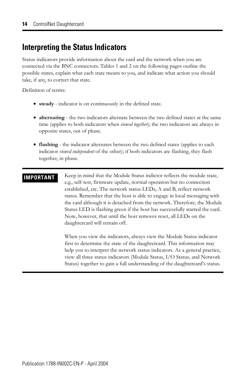Interpreting the status indicators | Rockwell Automation 1788-CNCR ControlNet Daughtercard Installation Instructions User Manual | Page 14 / 20