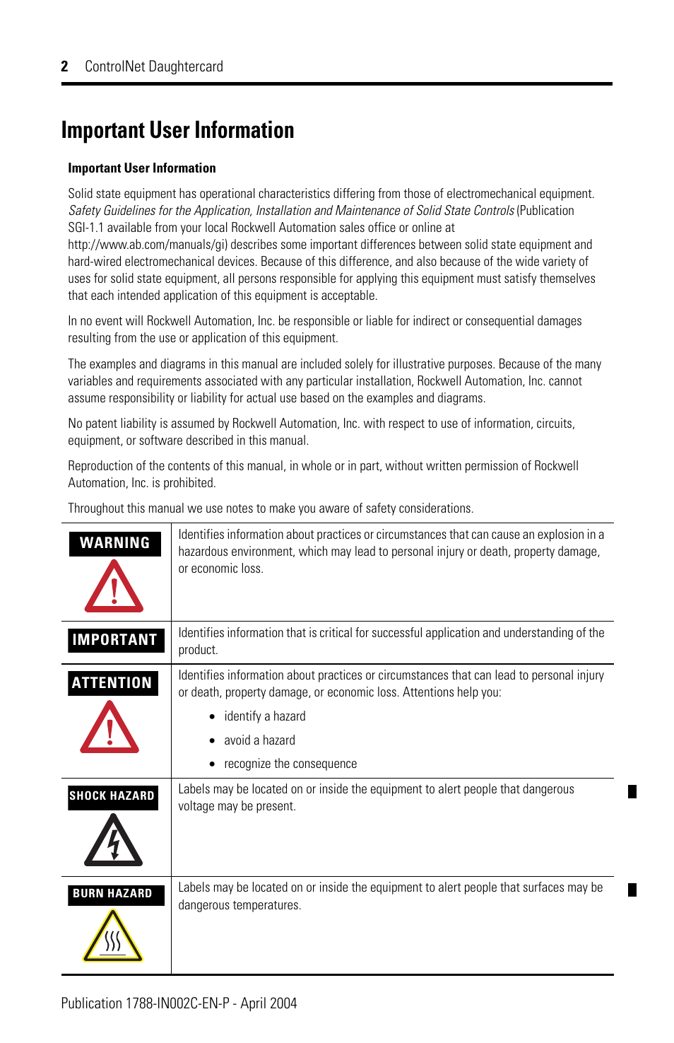 Important user information | Rockwell Automation 1788-CNCR ControlNet Daughtercard Installation Instructions User Manual | Page 2 / 20