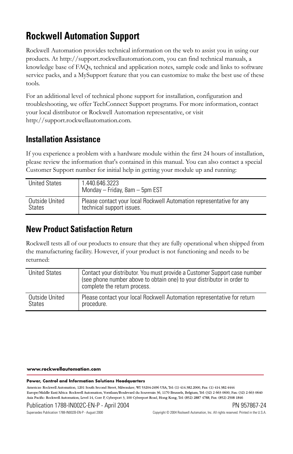 Rockwell automation support, Installation assistance, New product satisfaction return | Rockwell Automation 1788-CNCR ControlNet Daughtercard Installation Instructions User Manual | Page 20 / 20