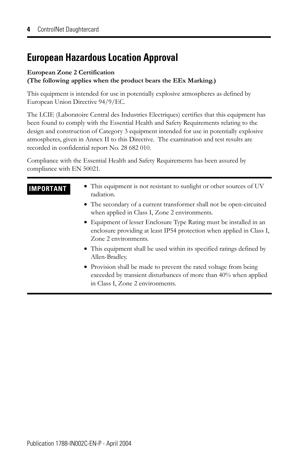 European hazardous location approval | Rockwell Automation 1788-CNCR ControlNet Daughtercard Installation Instructions User Manual | Page 4 / 20