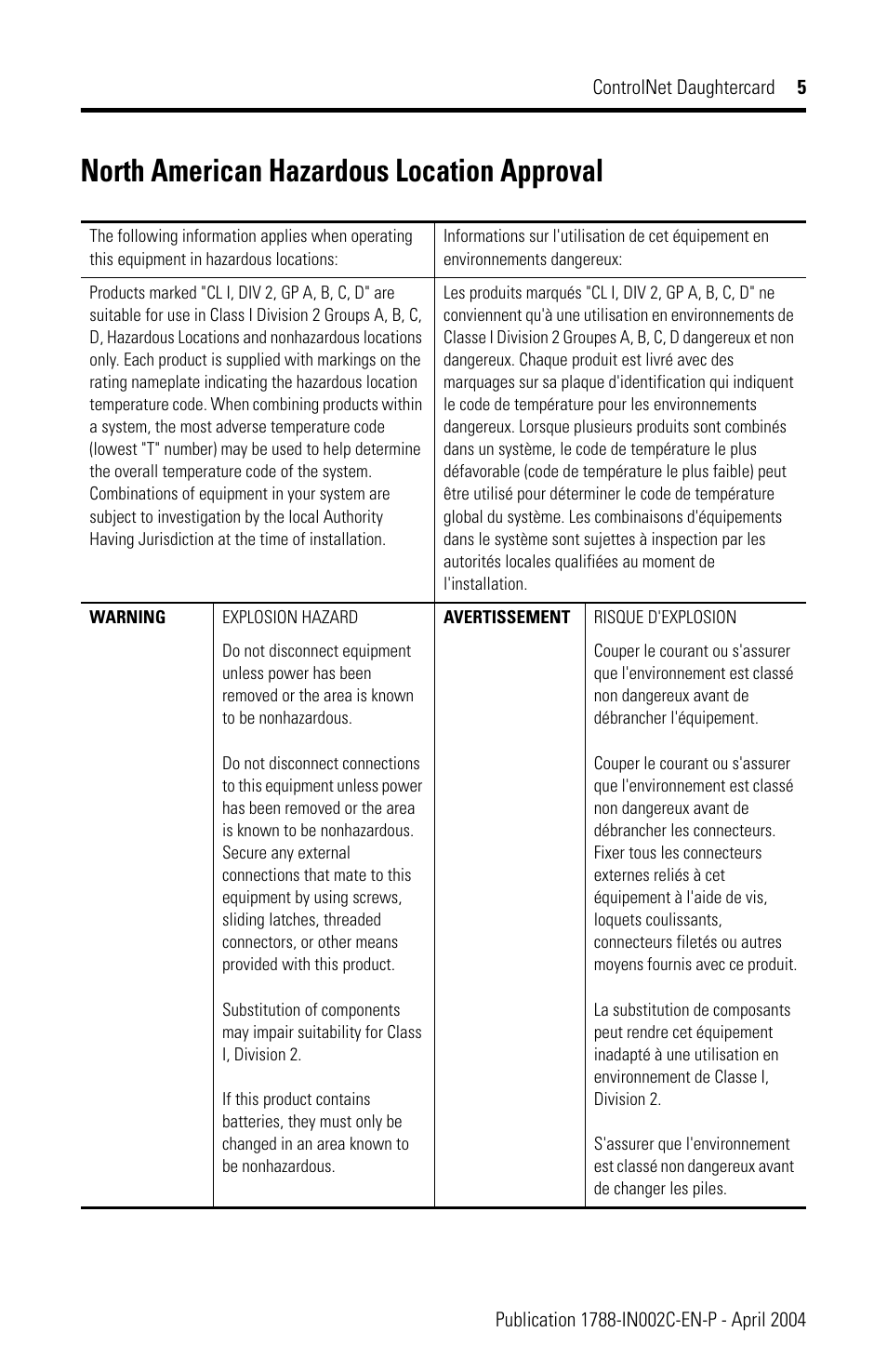 North american hazardous location approval | Rockwell Automation 1788-CNCR ControlNet Daughtercard Installation Instructions User Manual | Page 5 / 20