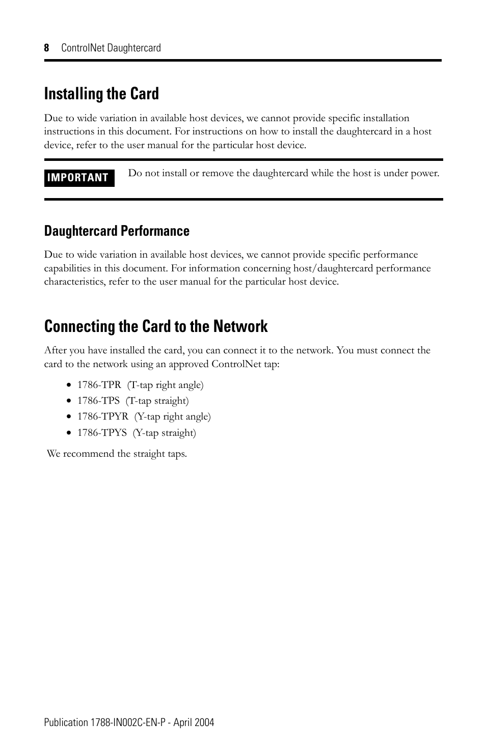 Installing the card, Connecting the card to the network, Daughtercard performance | Rockwell Automation 1788-CNCR ControlNet Daughtercard Installation Instructions User Manual | Page 8 / 20