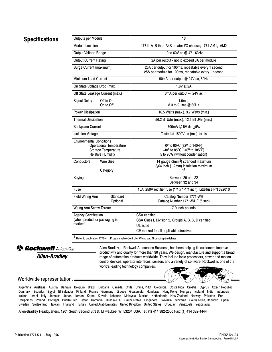 Specifications, Back cover, Worldwide representation | Rockwell Automation 1771-OND INSTL.INSTR AC (24V) OUTPT.MOD User Manual | Page 12 / 12