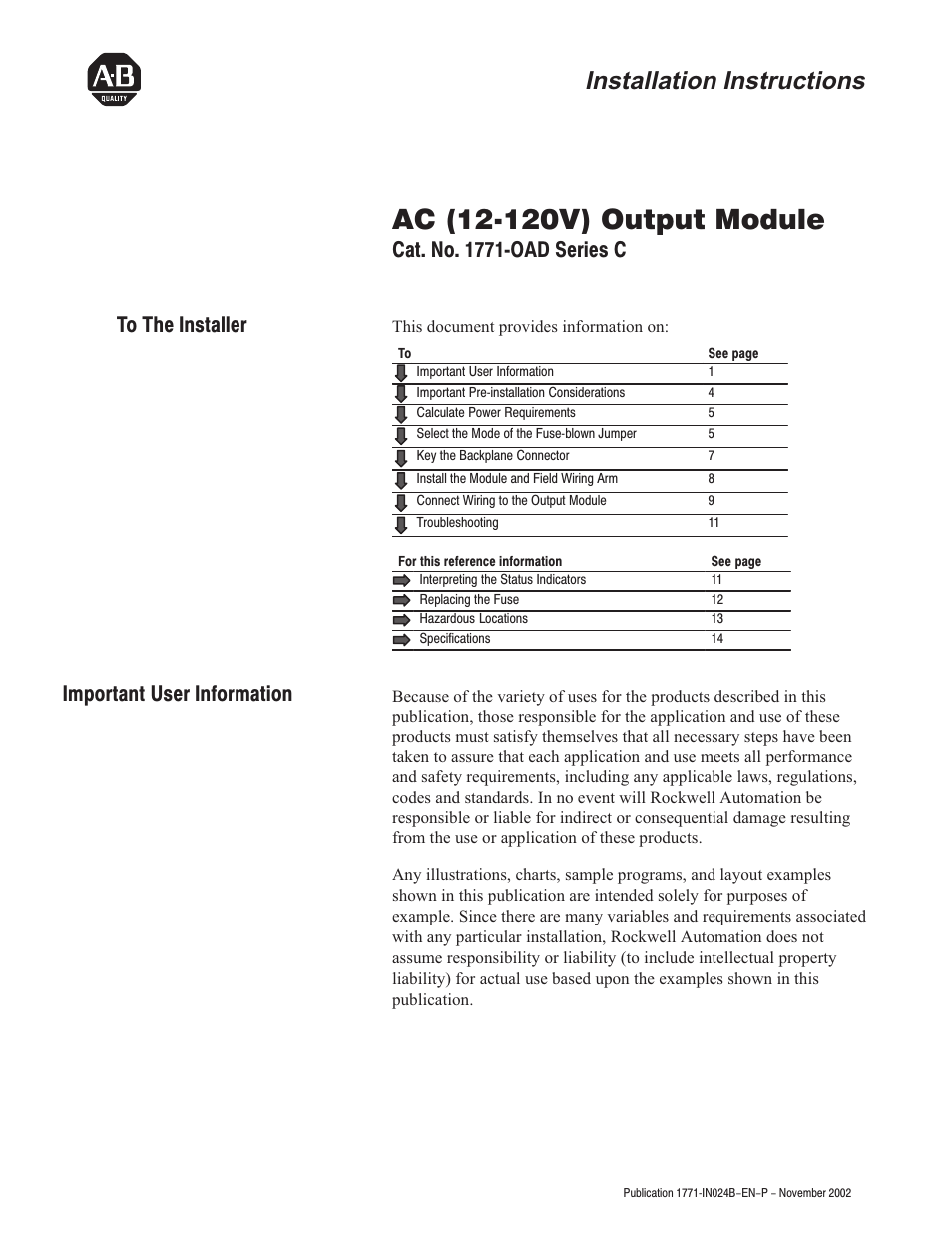 Rockwell Automation 1771-OAD AC(12-120V)Output Installation Instructions User Manual | 16 pages
