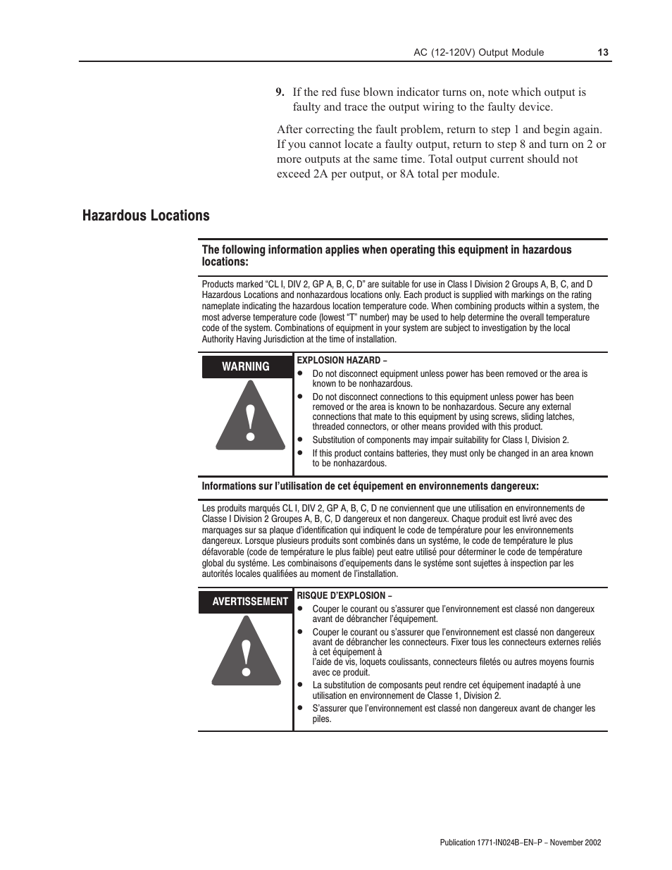 Hazardous locations | Rockwell Automation 1771-OAD AC(12-120V)Output Installation Instructions User Manual | Page 13 / 16