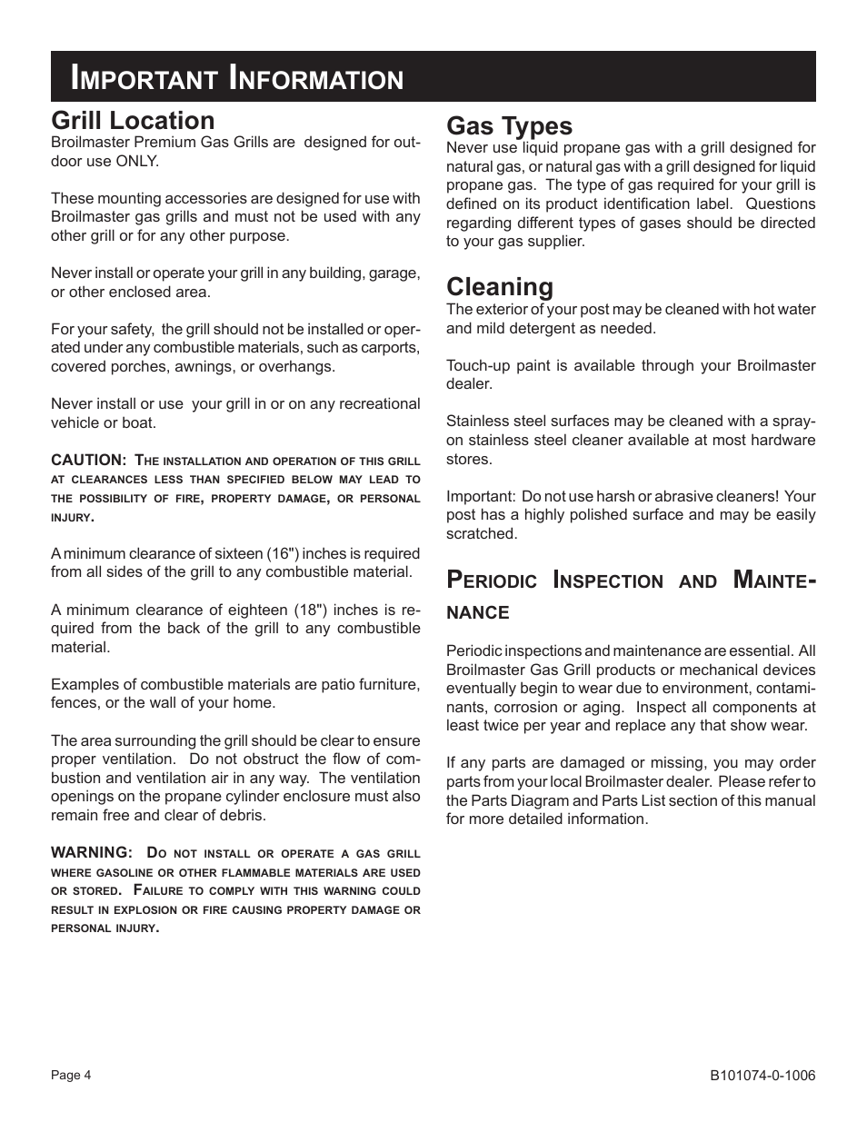 Gas types, Cleaning, Grill location | Mportant, Nformation | Broilmaster BP48-1 User Manual | Page 4 / 8