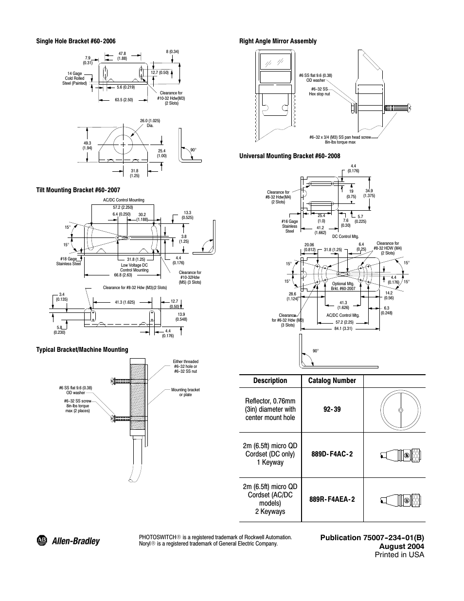 Typical bracket/machine mounting, Right angle mirror assembly | Rockwell Automation 6000 Series 6000 General Purpose Compact User Manual | Page 4 / 4