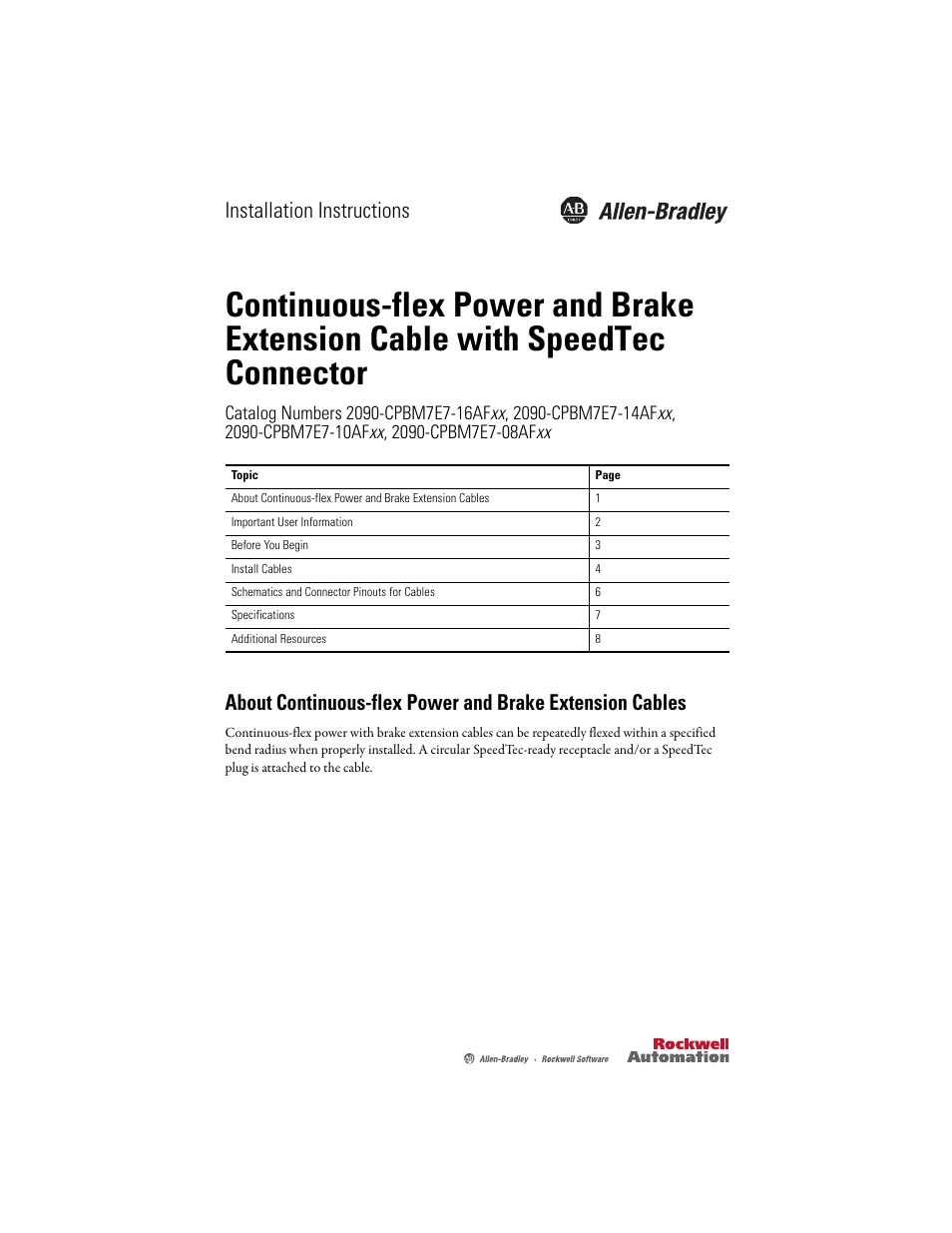 Rockwell Automation 2090-CPxxx Continuous-flex Power and Brake Extension Cable with DIN Connector  User Manual | 8 pages