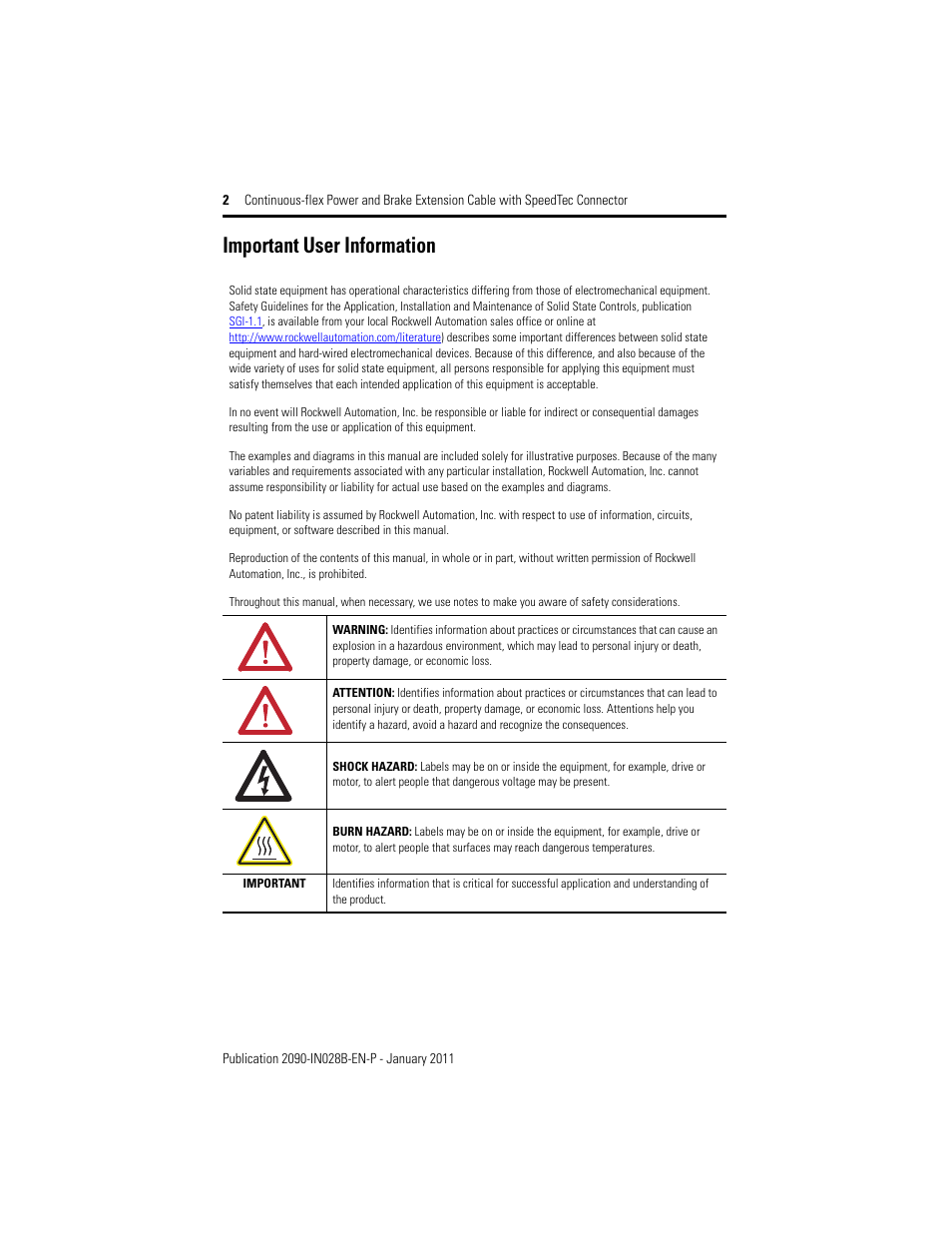 Important user information | Rockwell Automation 2090-CPxxx Continuous-flex Power and Brake Extension Cable with DIN Connector  User Manual | Page 2 / 8
