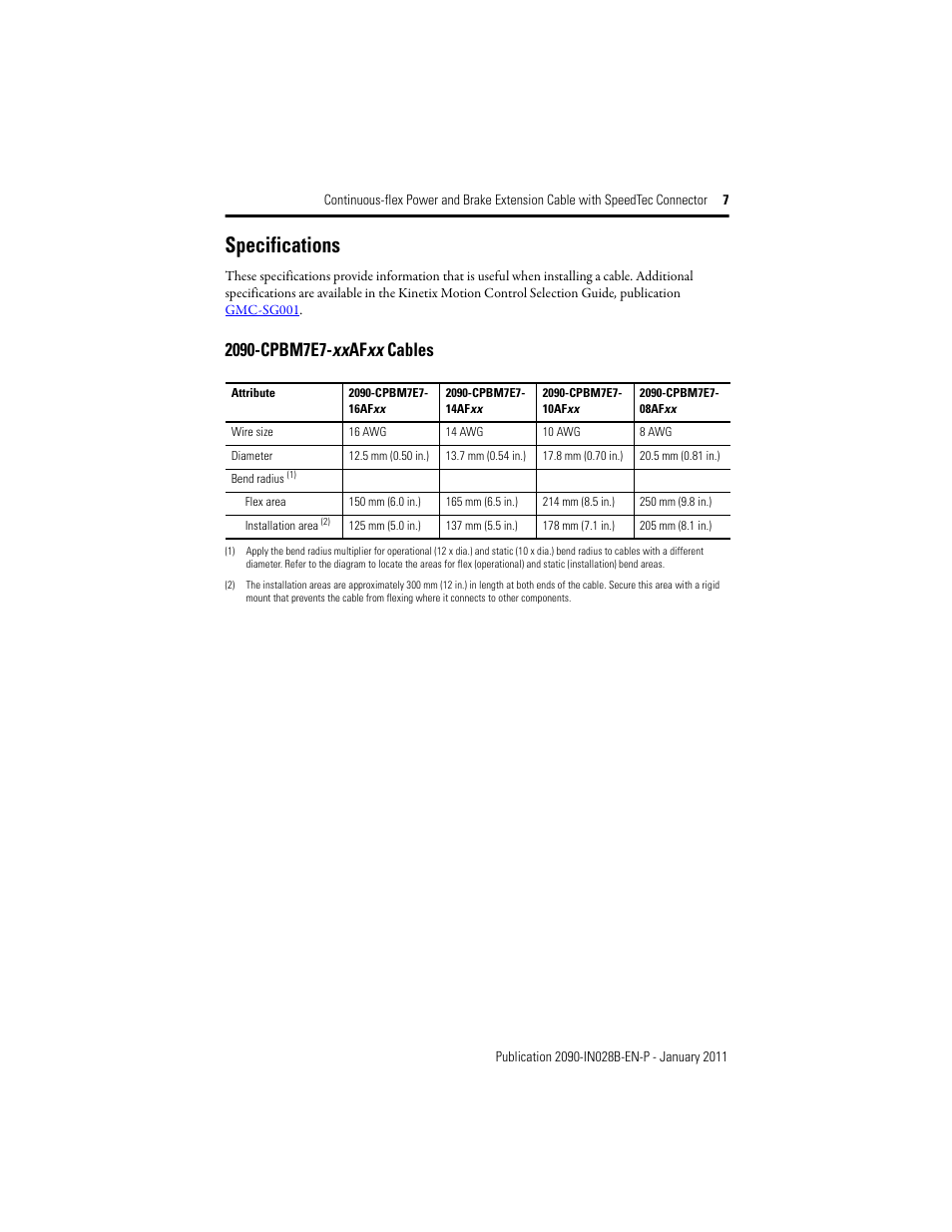 Specifications, 2090-cpbm7e7-xxafxx cables, Specifications 7 | Rockwell Automation 2090-CPxxx Continuous-flex Power and Brake Extension Cable with DIN Connector  User Manual | Page 7 / 8