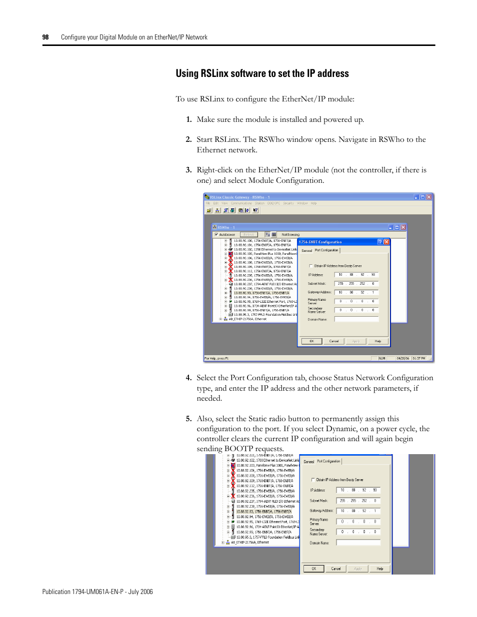 Using rslinx software to set the ip address | Rockwell Automation 1794-OB16D FLEX I/O Diagnostic Modules User Manual User Manual | Page 100 / 132