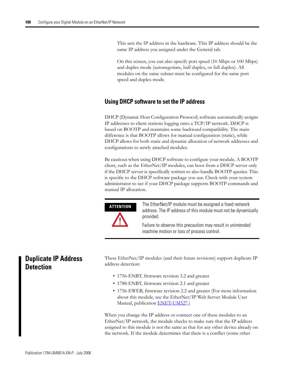 Using dhcp software to set the ip address, Duplicate ip address detection | Rockwell Automation 1794-OB16D FLEX I/O Diagnostic Modules User Manual User Manual | Page 102 / 132