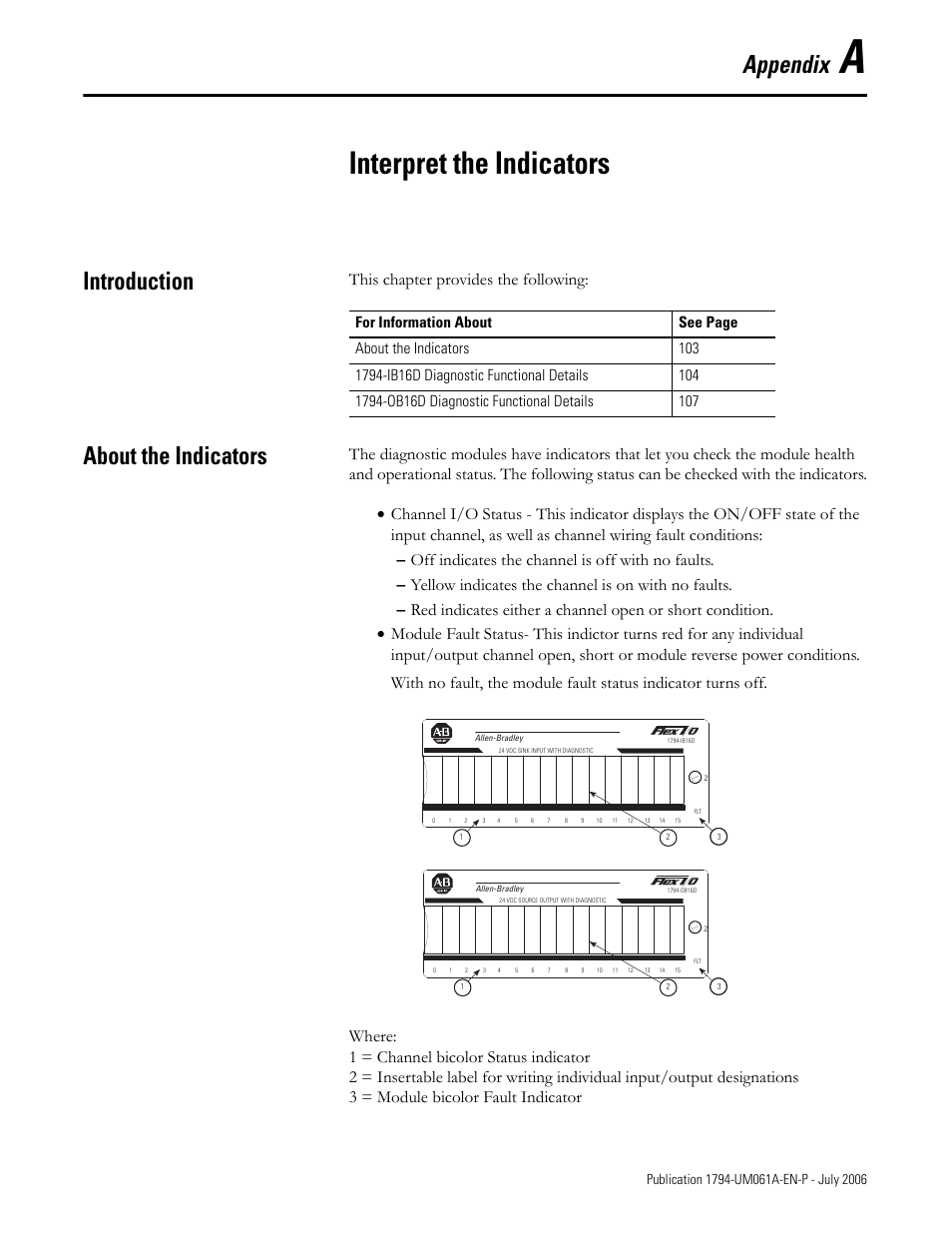 Appendix a - interpret the indicators, Introduction, About the indicators | Appendix a, Interpret the indicators, Introduction about the indicators, Appendix, This chapter provides the following | Rockwell Automation 1794-OB16D FLEX I/O Diagnostic Modules User Manual User Manual | Page 105 / 132