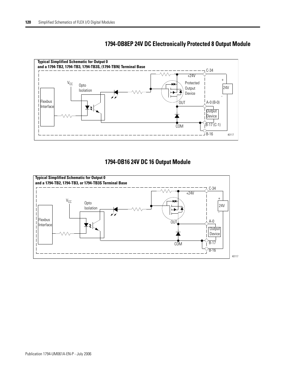 1794-ob16 24v dc 16 output module, 120 1794-ob16 24v dc 16 output module | Rockwell Automation 1794-OB16D FLEX I/O Diagnostic Modules User Manual User Manual | Page 122 / 132