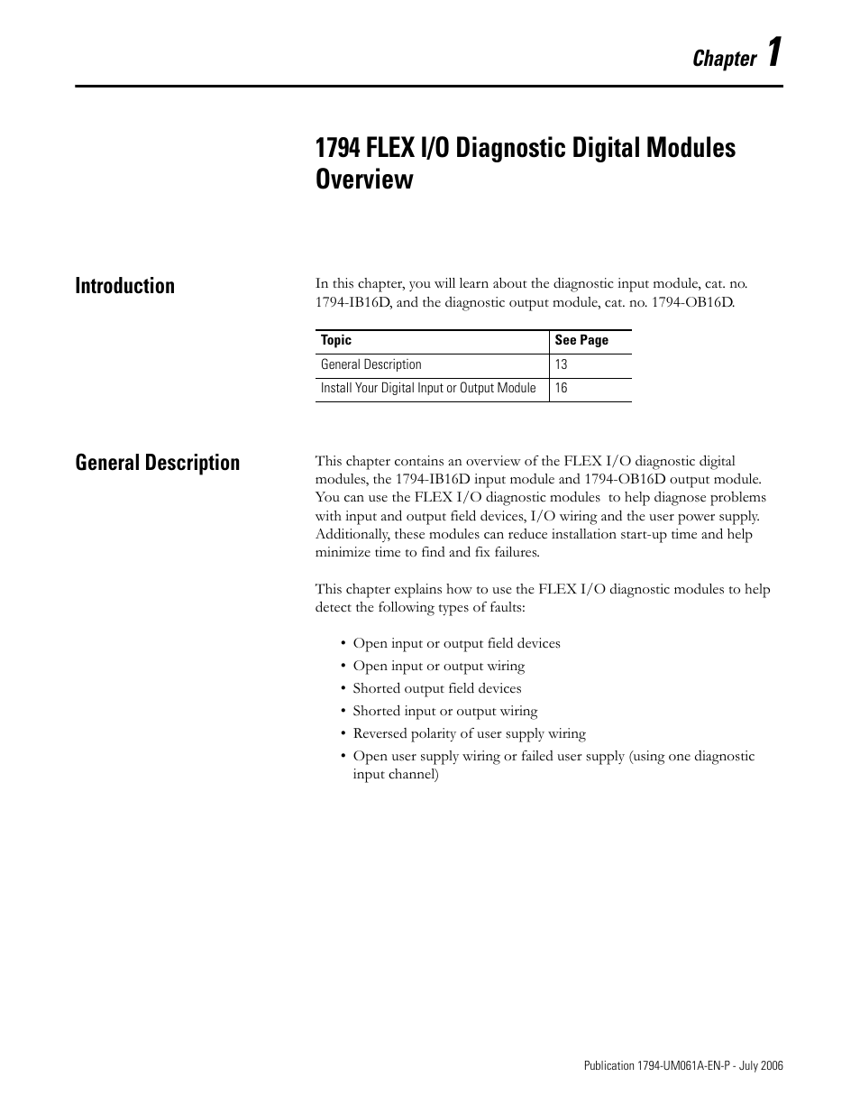 Introduction, General description, 1794 flex i/o diagnostic digital modules overview | Chapter | Rockwell Automation 1794-OB16D FLEX I/O Diagnostic Modules User Manual User Manual | Page 15 / 132