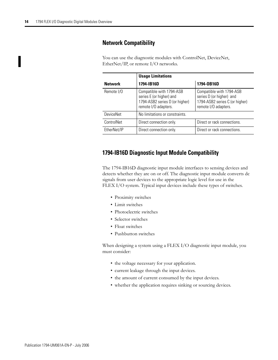 Network compatibility, 1794-ib16d diagnostic input module compatibility | Rockwell Automation 1794-OB16D FLEX I/O Diagnostic Modules User Manual User Manual | Page 16 / 132