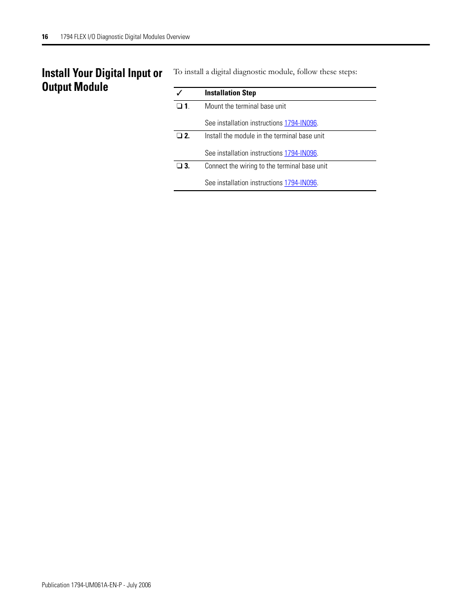 Install your digital input or output module | Rockwell Automation 1794-OB16D FLEX I/O Diagnostic Modules User Manual User Manual | Page 18 / 132