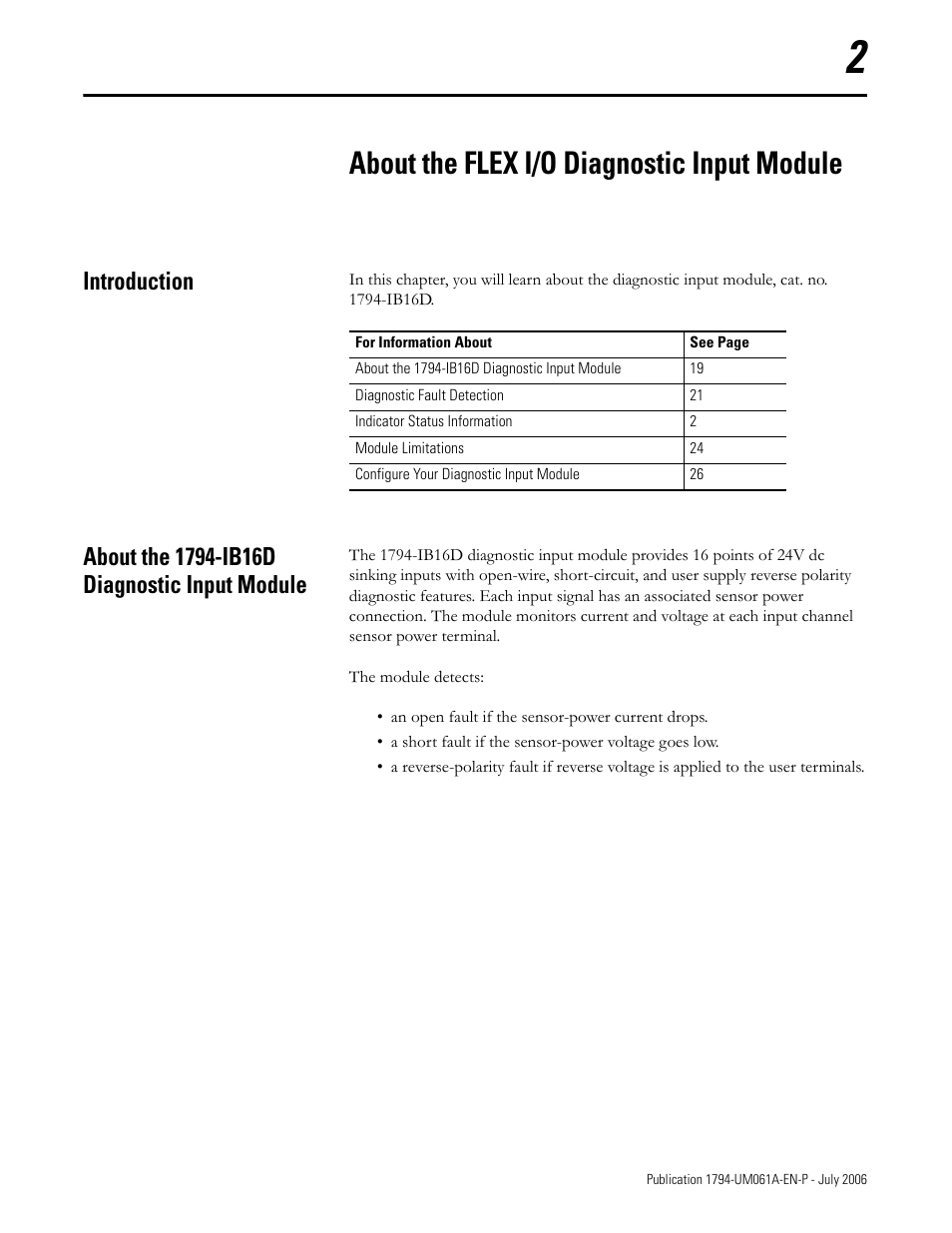 Introduction, About the 1794-ib16d diagnostic input module, Chapter 2 | About the flex i/o diagnostic input module | Rockwell Automation 1794-OB16D FLEX I/O Diagnostic Modules User Manual User Manual | Page 21 / 132