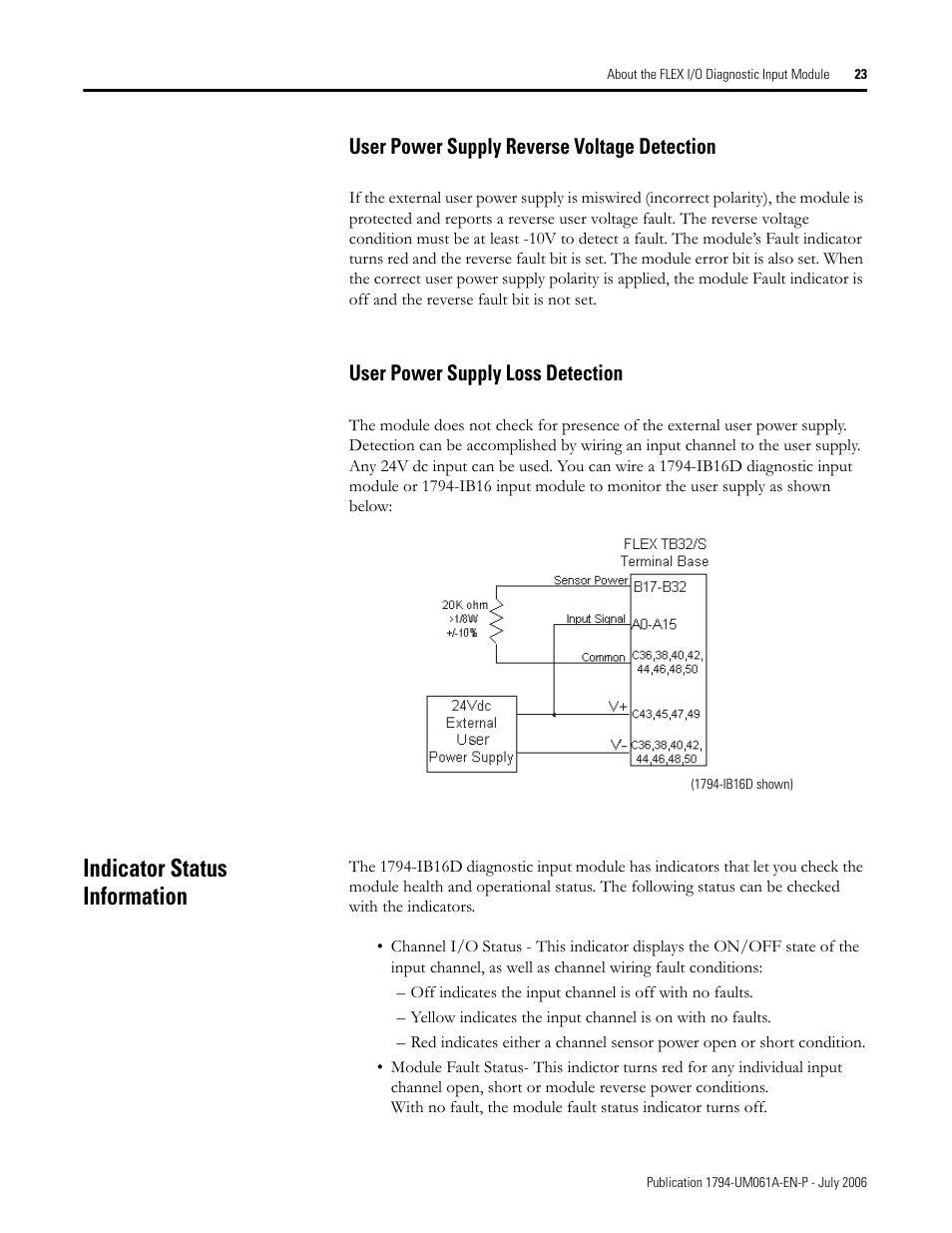 User power supply reverse voltage detection, User power supply loss detection, Indicator status information | Rockwell Automation 1794-OB16D FLEX I/O Diagnostic Modules User Manual User Manual | Page 25 / 132