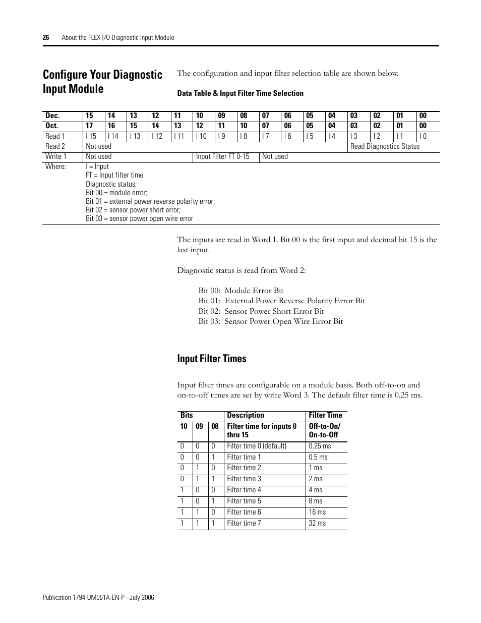 Configure your diagnostic input module, Input filter times | Rockwell Automation 1794-OB16D FLEX I/O Diagnostic Modules User Manual User Manual | Page 28 / 132