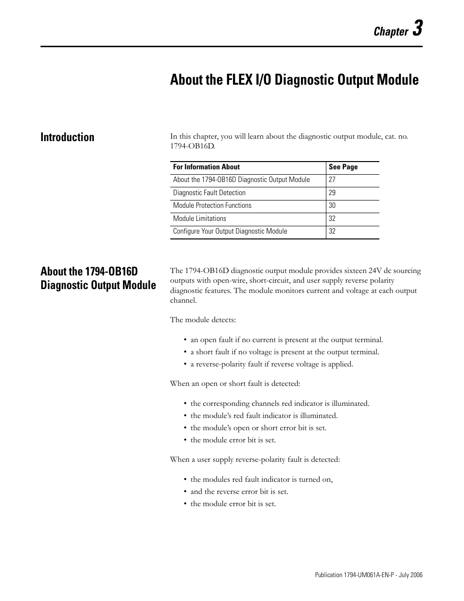 Introduction, About the 1794-ob16d diagnostic output module, Chapter 3 | About the flex i/o diagnostic output module, Chapter | Rockwell Automation 1794-OB16D FLEX I/O Diagnostic Modules User Manual User Manual | Page 29 / 132