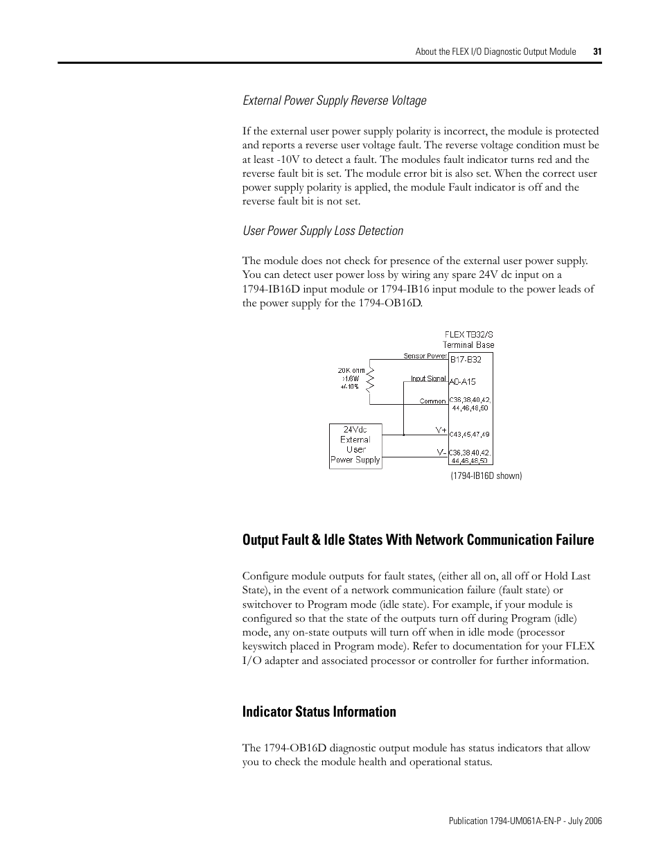 Indicator status information, 31 indicator status information | Rockwell Automation 1794-OB16D FLEX I/O Diagnostic Modules User Manual User Manual | Page 33 / 132