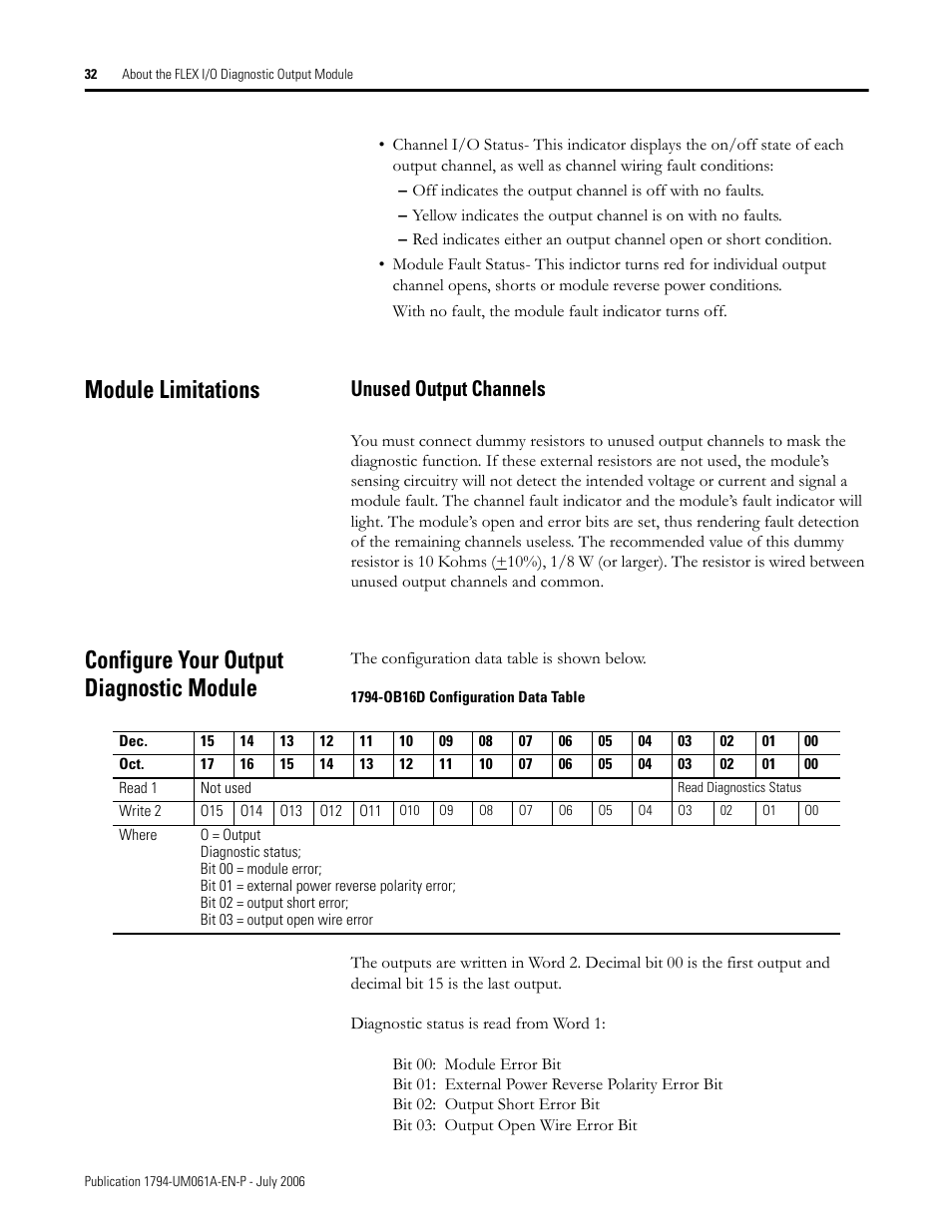 Module limitations, Unused output channels, Configure your output diagnostic module | Rockwell Automation 1794-OB16D FLEX I/O Diagnostic Modules User Manual User Manual | Page 34 / 132