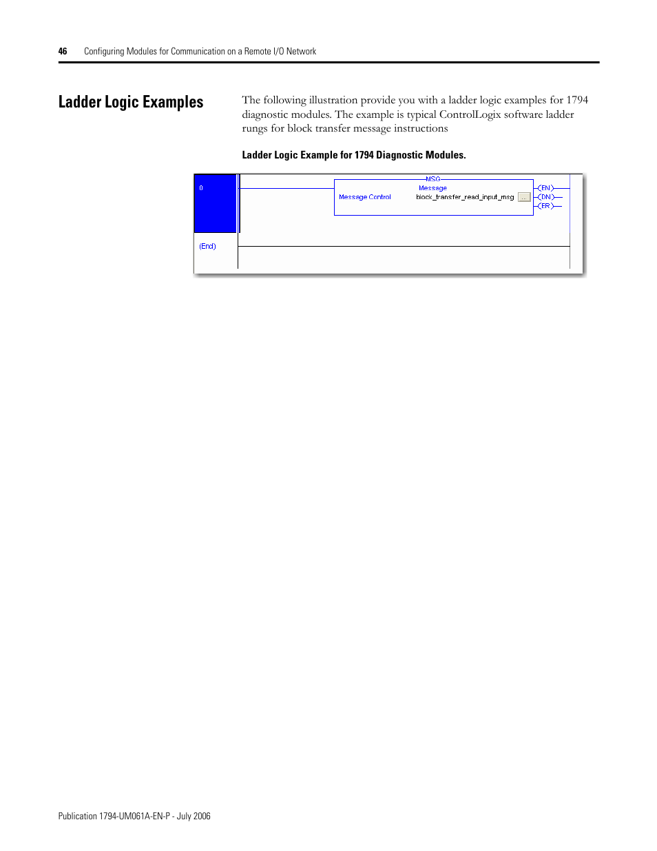 Ladder logic examples | Rockwell Automation 1794-OB16D FLEX I/O Diagnostic Modules User Manual User Manual | Page 48 / 132