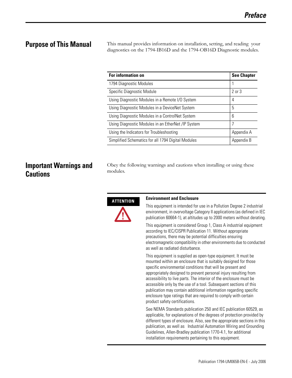 Preface, Purpose of this manual, Important warnings and cautions | Preface purpose of this manual | Rockwell Automation 1794-OB16D FLEX I/O Diagnostic Modules User Manual User Manual | Page 7 / 132
