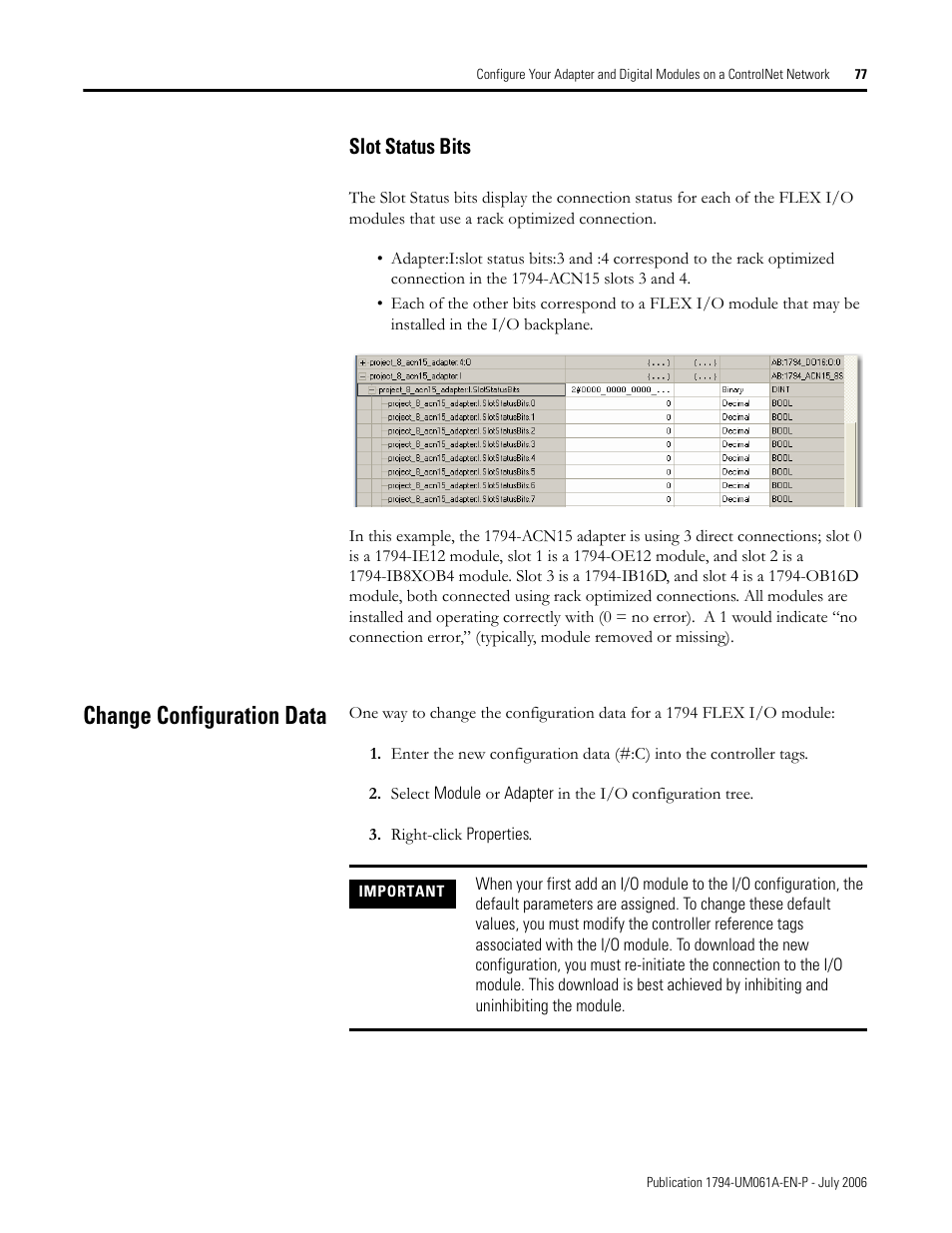 Slot status bits, Change configuration data | Rockwell Automation 1794-OB16D FLEX I/O Diagnostic Modules User Manual User Manual | Page 79 / 132
