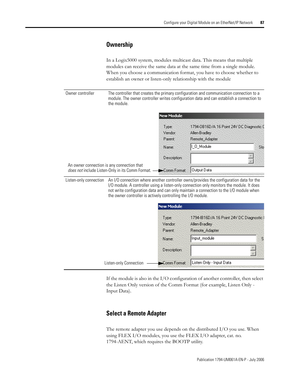Ownership, Select a remote adapter, Ownership select a remote adapter | Rockwell Automation 1794-OB16D FLEX I/O Diagnostic Modules User Manual User Manual | Page 89 / 132