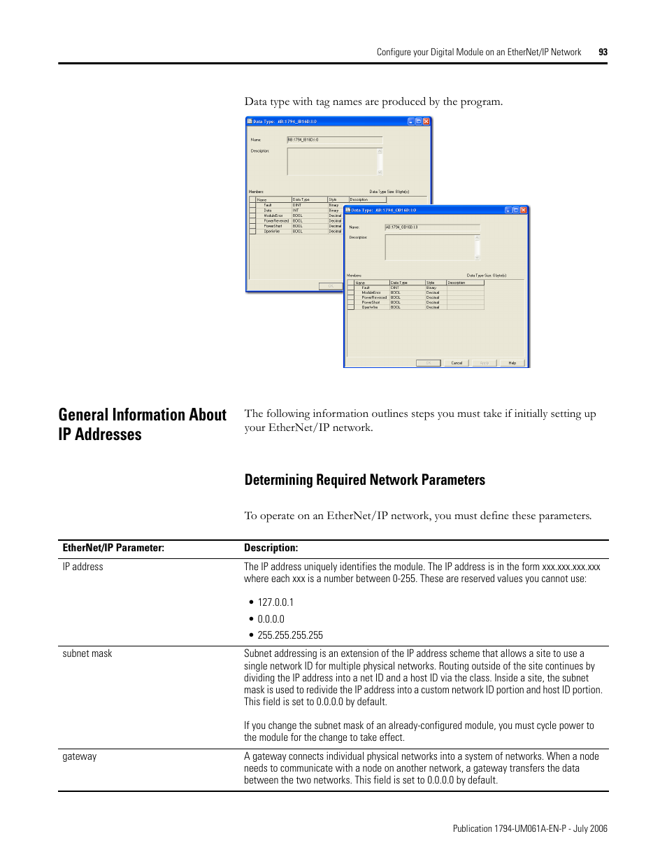 General information about ip addresses, Determining required network parameters | Rockwell Automation 1794-OB16D FLEX I/O Diagnostic Modules User Manual User Manual | Page 95 / 132