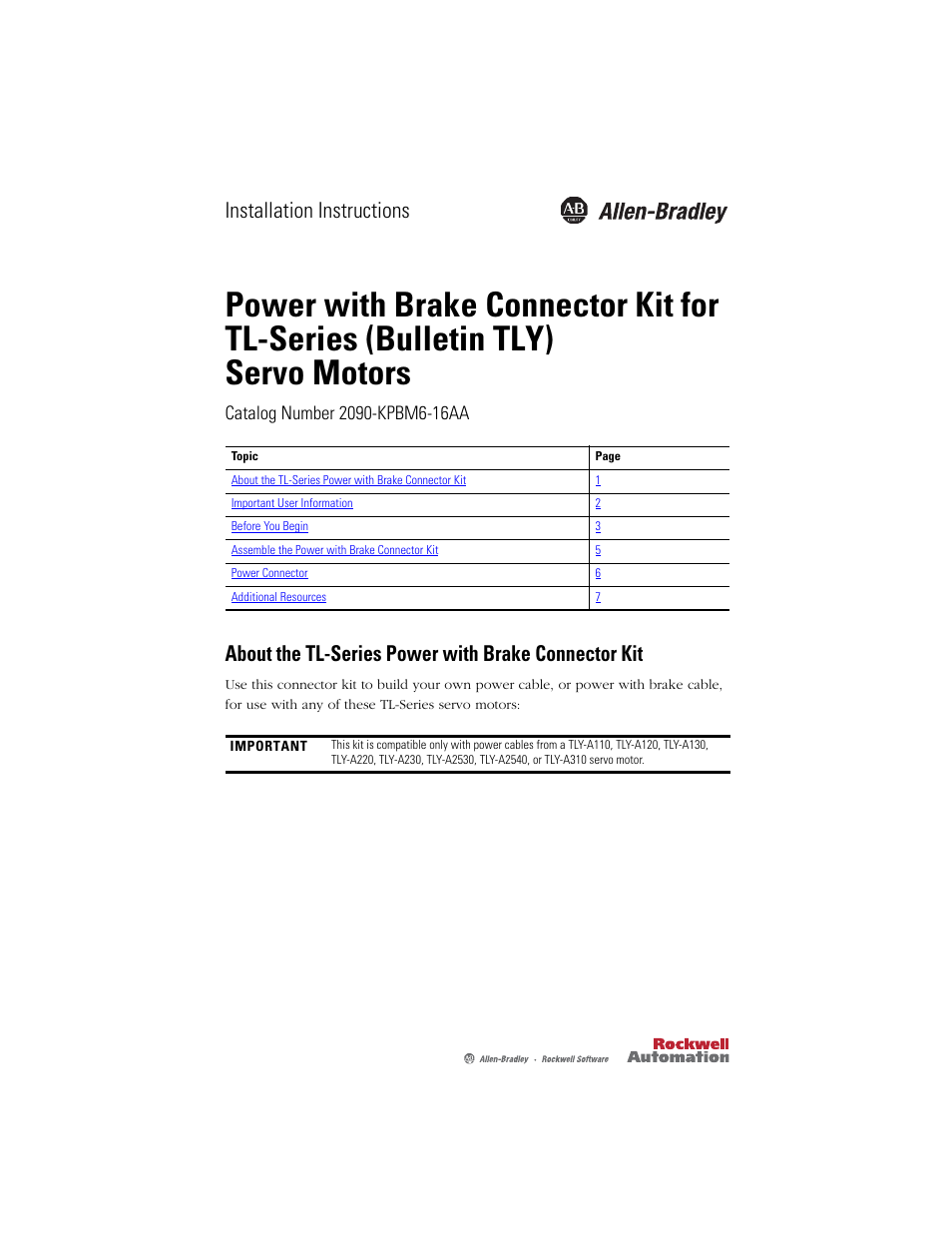 Rockwell Automation 2090-KFBM6-16AA Power with Brake Connector Kit for TL-Series Servo Motors User Manual | 8 pages