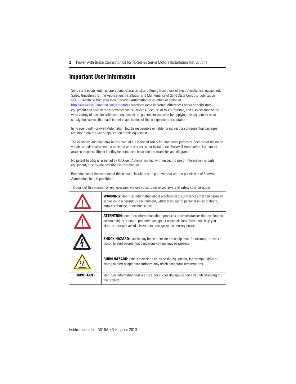 Important user information | Rockwell Automation 2090-KFBM6-16AA Power with Brake Connector Kit for TL-Series Servo Motors User Manual | Page 2 / 8